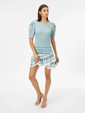 SUMMERY Copenhagen 100% Cotton Blue Patterned Puff Sleeve Mini Dress